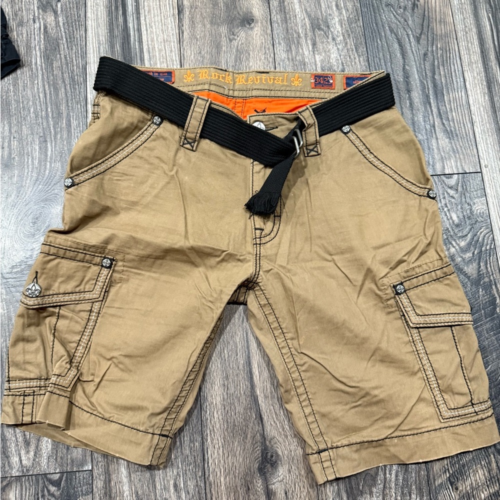 Rock Revival Tan Cargo Shorts with Black Belt